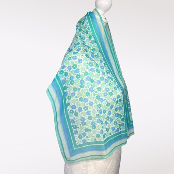 Vintage 60s Glentex Japan Sheer Nylon Floral Scarf Teal Aqua Blue Green Mod - Picture 6 of 10